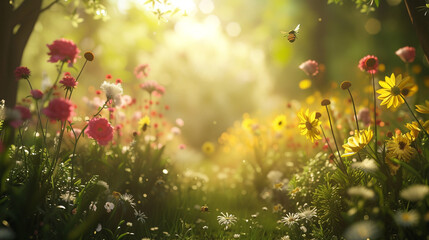 A tranquil garden filled with blooming flowers and buzzing bees on a sunny spring day. - obrazy, fototapety, plakaty