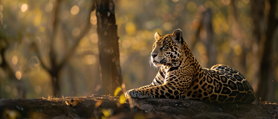  a graceful jaguar, with dappled sunlight filtering through the trees as the background, with empty copy space - obrazy, fototapety, plakaty