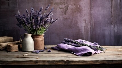 Table with lavender. Bunch of purple flowers on rustic background with copy space for business...