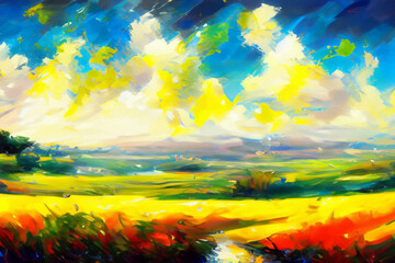 beautiful picture. a field with a small stream and a bright sky in the picture. art concept