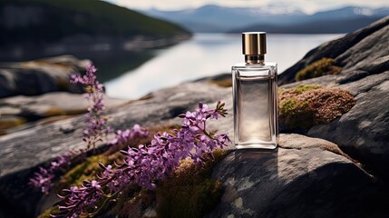 Fragrance perfume stand on stone against background of heather or lavender nature. Men perfume,...