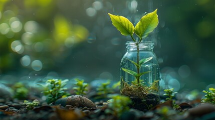 Vibrant young plant growing inside a glass jar, set against a dreamy backdrop of soft bokeh lights. This image symbolizes hope and the importance of nurturing our environment. - obrazy, fototapety, plakaty