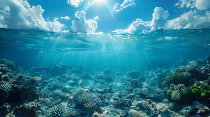 Stunning underwater seascape on a sunny day, highlighting the vibrant coral reef ecosystem and emphasizing ocean conservation.