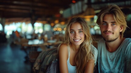 A young couple sits smiling in a lively coffee shop, engaging in a pleasant conversation. The ambiance is casual and vibrant, depicting a perfect date scenario. - Powered by Adobe