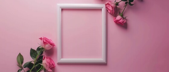 Pink rose frame mockup, top view photo frame template. Minimalist white frame with beautiful pink flowers.