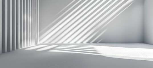 Light and shadow on white wall background. Abstract minimalistic wallpaper with rays, stripes, lines for product presentation empty mockup design template.