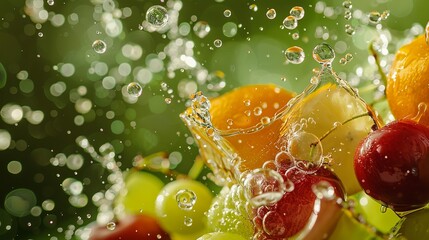 fruit splashing with bubbles on green