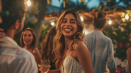 Young beautiful woman having fun in the company of friends at a party in the courtyard of a private villa - obrazy, fototapety, plakaty
