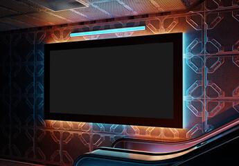 Futuristic panoramic billboard mockup. Cyberpunk style frame interior template. 3D rendering - 782866384