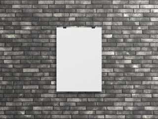 Blank vertical poster hanging with clips on a brick wall Mockup. 3D rendering