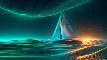 Glowing Neon Sailing: A 3D vector illustration of a futuristic yacht with neon accents