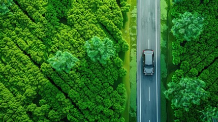 An aerial perspective of a convertible car and a logistics truck driving on a secluded road that cuts straight through a dense, emerald green forest. 