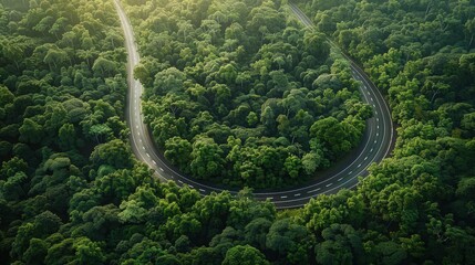 An aerial perspective showcasing a thick forest with a ribbon-like highway road weaving through, representing the balance between nature and human development. 