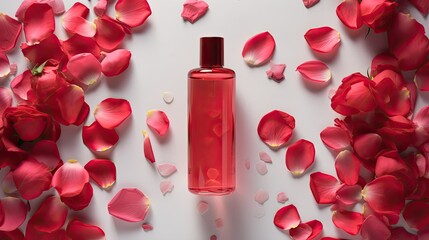Perfume with scent of roses. Cosmetic product among the petals of flowers. AI generated. Concept of tenderness and femininity. Pink glass perfume bottle.