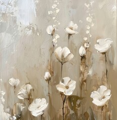 Oil painting of white flowers on beige background, soft palette knife strokes in neutral tones