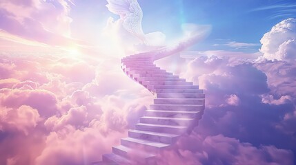 An angelic staircase, bathed in a soft, heavenly light, curving gracefully through the sky towards an eternal, peaceful realm. 32k, full ultra HD, high resolution - obrazy, fototapety, plakaty