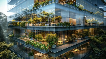 An architecturally stunning glass office building, incorporating terraces with lush trees and plants, and equipped with smart, eco-friendly technology. 
