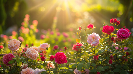 Springtime garden with blooming roses of various colors, creating a fragrant and colorful oasis in full bloom under the warm sunlight - obrazy, fototapety, plakaty