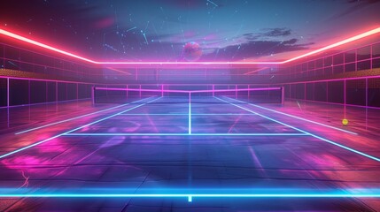 Glowing neon tennis field: A 3D vector illustration of a tennis court - obrazy, fototapety, plakaty