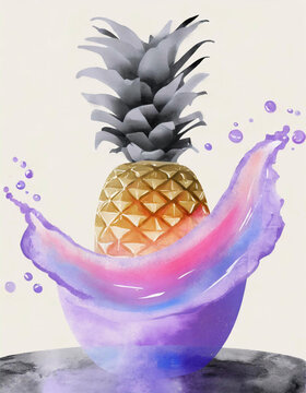 Illustration watercolor of a single pineapple sitting atop, viscous pineapple juice cascading, creating an iridescent powder, splashes and twists of color around the clear glass-