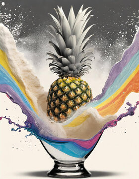 Illustration watercolor of a single pineapple sitting atop, viscous pineapple juice cascading, creating an iridescent powder, splashes and twists of color around the clear glass