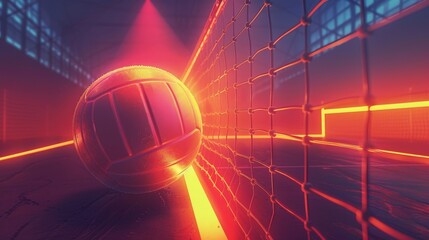 Glowing Neon Volleyball: A 3D vector illustration of a volleyball match under neon lights