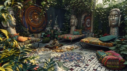  backyard with a mosaic tile patio and an array of sculptural elements amidst the foliage.