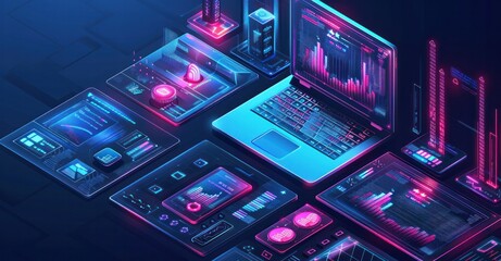 A computer monitor displays a colorful array of icons and buttons