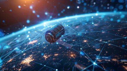 Telecommunications: A 3D vector illustration of a communication satellite orbiting Earth