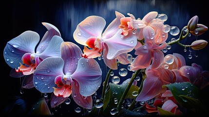 Orchid with drops of water. Beautiful pink and blue flower. Concept of nature, beauty and tenderness. AI Generated