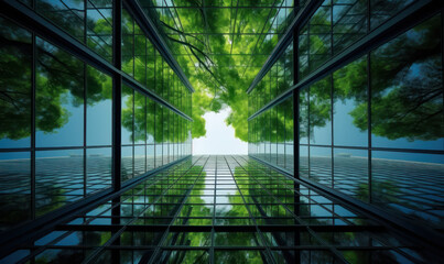 Glass office building view from low angle and green tree.
