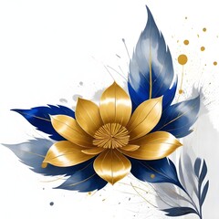 Golden flowers and silver black leaves on white background