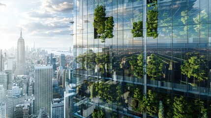 An eco-friendly office skyscraper with a glass facade reflecting the surrounding cityscape, incorporating living trees on each floor for air purification. - obrazy, fototapety, plakaty