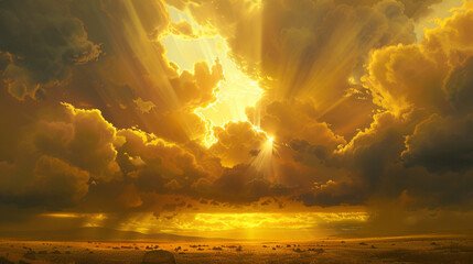Sunbeams breaking through storm clouds, casting a golden glow over the landscape. - obrazy, fototapety, plakaty
