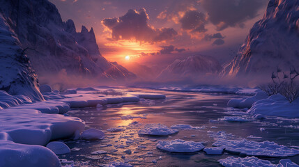 Sunset Serenity: Digital Art of a Snow-clad Mountainous River Landscape