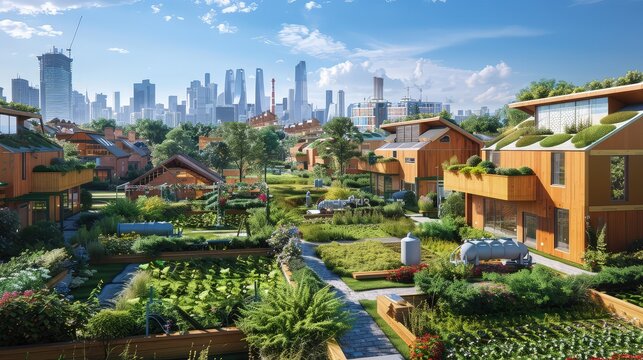 An eco-friendly urban housing complex with shared green spaces, community gardens, and a sustainable waste management system, set against a city skyline. 32k, full ultra HD, high resolution