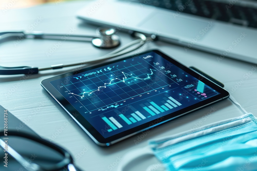 Poster A tablet with a graph on it sits on a table next to a stethoscope