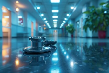 A silver stethoscope is on the floor in a hospital hallway