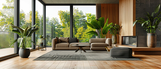 A spacious modern living room, with sleek furniture and green plants accentuating the luxury, large windows casting soft light on the wooden floor 