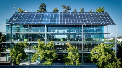 An environmentally conscious office building with a striking glass facade, solar panels on its roof, and large trees within its open-plan office areas for air quality improvement.