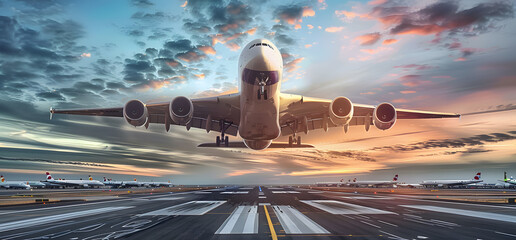 A large passenger plane lands on the runway. Tourism and travel concept. - obrazy, fototapety, plakaty