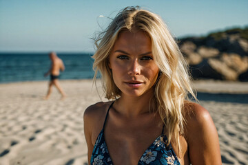 stunning scandinavian woman with blonde hair is wearing a bikini on the beautiful beach