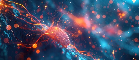 A red blob with orange and blue sparks surrounding it