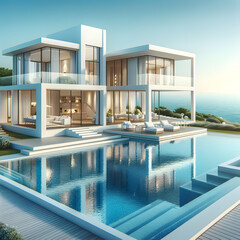 Luxury modern white villa with swimming pool and Seaview  - obrazy, fototapety, plakaty