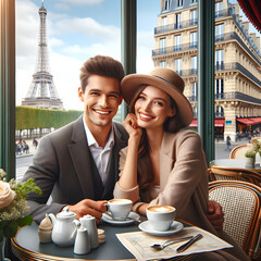 young stylishly dressed lovers are sitting in a cafe against the backdrop of the Eiffel Tower