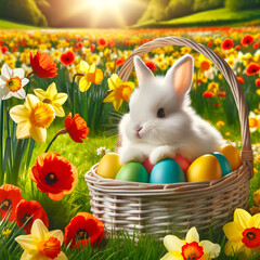 Eastern bunny on the green grass near easter basket with eggs and easter cake