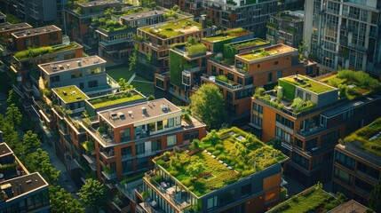 An innovative city block featuring a mix of residential and commercial eco-friendly buildings, all with green roofs, zero waste systems, and sustainable wood and recycled materials. - Powered by Adobe
