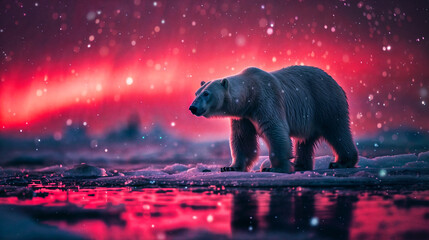 A polar bear in an arctic winter landscape with red northern lights at the sky - obrazy, fototapety, plakaty