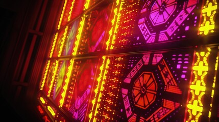 An intricate neon sign featuring an abstract geometric pattern in a spectrum of red, yellow, and purple hues, illuminating a dark industrial-style room. 
