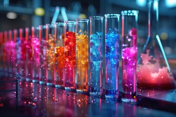 A row of colorful test tubes filled with different colored liquids